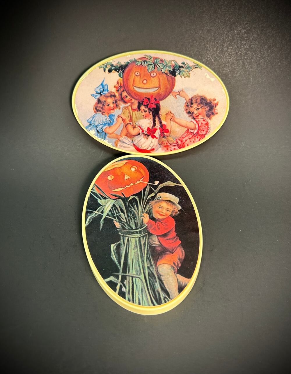 Oval Fall Gift Boxes VTG Plastic - Nostalgic MCM Graphics Set of 2, Made In USA